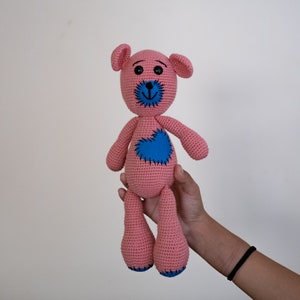 Crochet Pink Bear Amigurumi Doll: Handmade Organic Yarn Stuffed Toy
