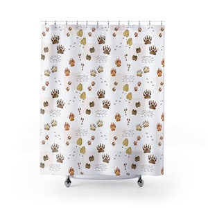 Woodland Shower Curtain, Forest Bathroom Decor, Animal Tracks Bathroom Curtains for Kids, Earthy Tones Housewarming Gift