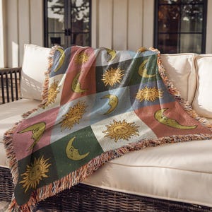 Boho Sun and Moon Woven Throw Blanket Celestial Astronomy Throw Vintage Astrology Tapestry Cozy Bohemian Mystical Cover Throw Witchy Gift