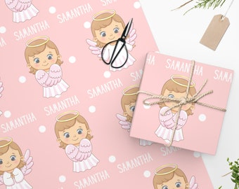 Pink Angel Personalized Christmas Wrapping Paper Custom Wrapping Paper Cute Baby Angel Polka Dot Gift Wrap Custom Name Present Wrapper