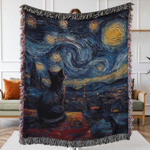 Whimsical Black Cat Woven Throw Blanket Cat Starry Night Pet Throw Vintage Animal Celestial Tapestry Mystical Blanket Gift for Cat Lovers