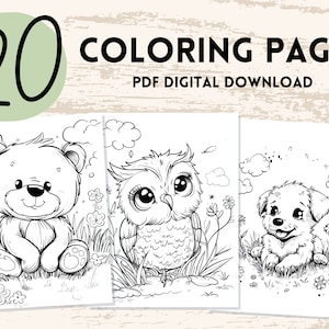 Printable Animal Coloring Pages, 20 Pages, Cute Coloring Pages For Kids, Toddlers, Pre-School Coloring Pages, Digital Download, 8.5x11&quot; PDF