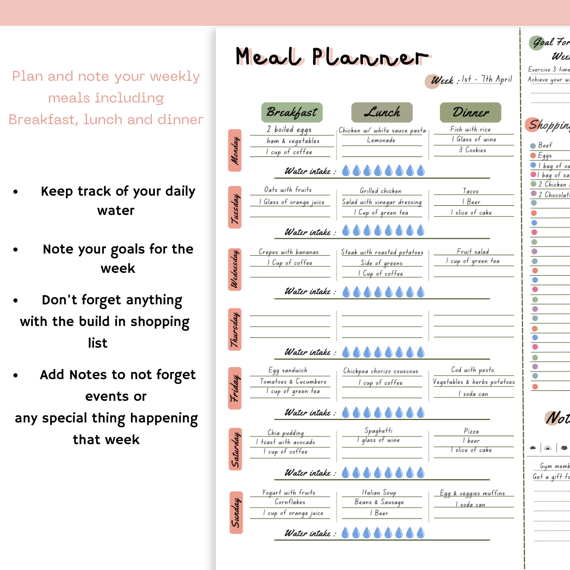 Food Plan Note Meal Planner Printable Weekly Meals Journal Menu Plan & Prep Water ...