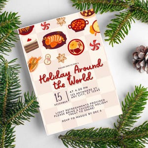 Könnte beinhalten: Eine festliche Einladungskarte mit einem rot-weiß karierten Hintergrund. Der Text lautet "Holiday Around the World" mit dem Datum 15. Dezember. Die Einladung ist für eine Party um 16:00 Uhr in der 123 Anywhere St., Any City, ST 12345. Die Einladung bittet die Gäste, einen Lieblings-Weihnachts-Leckerbissen zum Teilen mitzubringen.