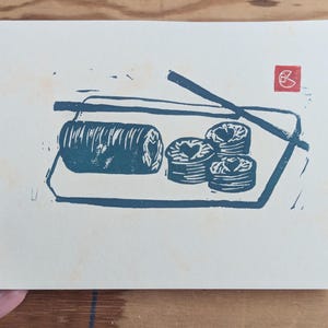 Heart Sushi Linoleum Block Print - 5x7&quot; Cream Paper Matted to 8x10&quot;