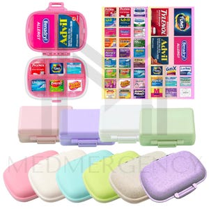 May include: A collection of pill organizers in various colors, including pink, purple, green, and beige. The organizers are shown both open and closed, with some containing medication packets such as Advil, Benadryl, and Tylenol. The text "MEDMERGENCY" is visible.