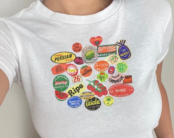 Fruit Sticker Baby Tee, Y2K Trendy Baby Tee, Collage Style Shirt, Vintage Graphic Crop Top, Unique Trendy Baby Tee, Ephemera Aesthetic Shirt