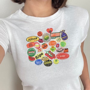 Fruit Sticker Baby Tee, Y2K Trendy Baby Tee, Collage Style Shirt, Vintage Graphic Crop Top, Unique Trendy Baby Tee, Ephemera Aesthetic Shirt