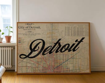 Detroit Map Horizontal Wall Art, Detroit Michigan Landscape Print Poster, Vintage Map Print, Apartment Art Dorm Room Decor, Printable Art