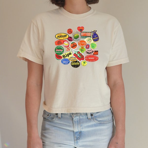 Fruit Sticker Boxy Tee, Y2K Trendy Crop Collage Style Shirt, Vintage Graphic Crop Top, Unique Trendy Cropped Tee, Ephemera Aesthetic Shirt