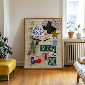May include: A framed collage featuring a Texas theme with the words "Keep Austin Weird" and "6th Street." The artwork includes a Texas outline, a star, a longhorn skull, a cactus, playing cards, and the Texas flag. The background is a collage of newspaper clippings.
