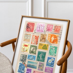 May include: A framed collage of vintage postage stamps from around the world. The stamps feature a variety of designs, including flowers, animals, and landscapes. The stamps are arranged in a colorful and eclectic pattern.