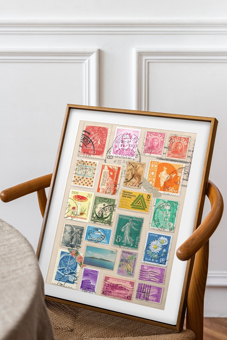 May include: A framed collage of vintage postage stamps from around the world. The stamps feature a variety of designs, including flowers, animals, and landscapes. The stamps are arranged in a colorful and eclectic pattern.