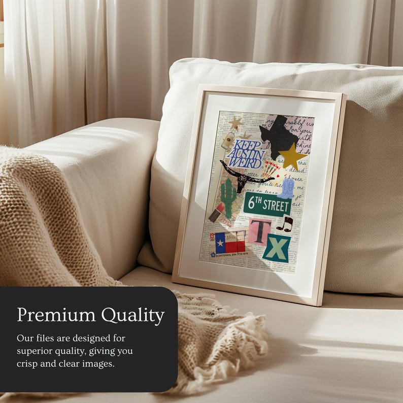 May include: Framed artwork with a collage of Texas-themed elements, including a black silhouette of the state, a yellow star, and the text "KEEP AUSTIN WEIRD." The artwork is displayed on a cream-colored couch with a beige throw blanket.