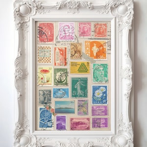 May include: A white frame with a collage of vintage postage stamps from around the world. The stamps are arranged in a grid pattern and feature a variety of designs, including flowers, animals, and landscapes. The frame is decorated with ornate details and has a white background.