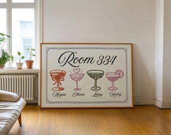 Custom Cocktail Dorm Room Wall Art, Roommate Name Wall Art Print, Apartment Art Dorm Room Decor, Printable Trendy Art, Instant Download
