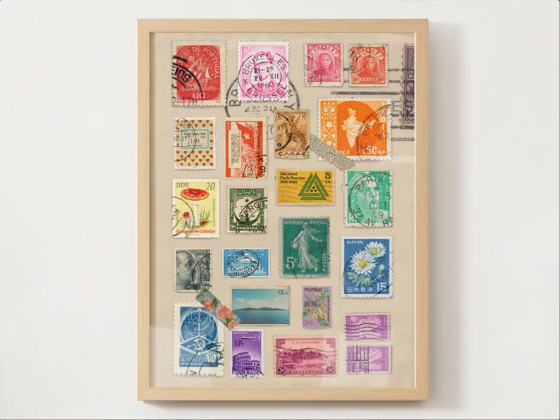 May include: A framed collection of vintage postage stamps from around the world. The stamps feature a variety of designs, including flowers, landscapes, and portraits. The frame is made of wood and has a light brown finish.