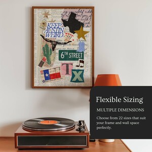 May include: A framed collage with a brown wooden frame featuring the words "Keep Austin Weird" and other Texas-themed imagery. A record player is in the foreground. The collage includes a Texas outline, a star, and a cactus.