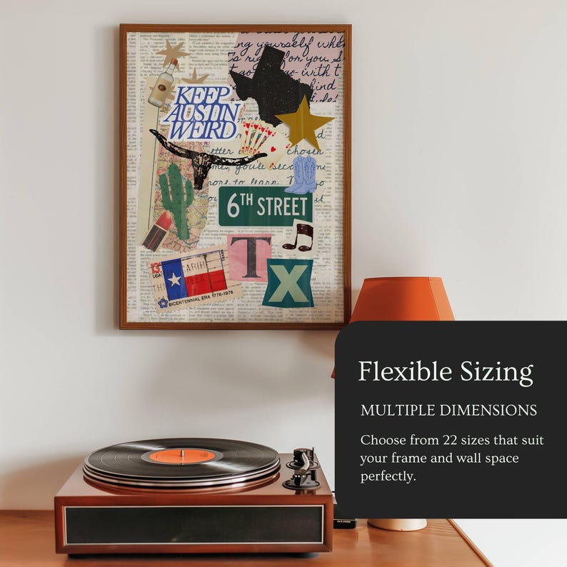 May include: A framed collage with a brown wooden frame featuring the words "Keep Austin Weird" and other Texas-themed imagery. A record player is in the foreground. The collage includes a Texas outline, a star, and a cactus.