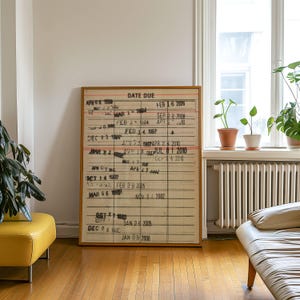 Może przedstawiać: Prostokątny obraz w ramie przedstawiający wzór zabytkowej karty bibliotecznej z datami zwrotu. Na kremowym tle widoczne są czarne i czerwone linie poziome oraz różne daty odbite czarnym tuszem, wraz z napisem DATE DUE.