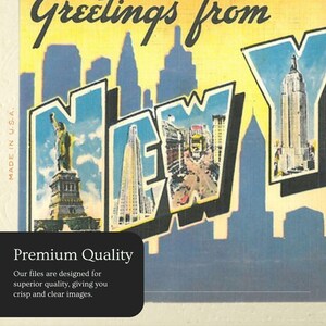 May include: A vintage postcard featuring the words "Greetings from" above a stylized "NEW YORK" design. The letters showcase iconic landmarks such as the Statue of Liberty and the Empire State Building. The postcard is marked "MADE IN U.S.A." and has a "Premium Quality" label.