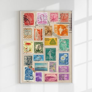 May include: A collection of colorful vintage postage stamps from around the world, featuring images of people, animals, and landscapes. The stamps are arranged in a grid pattern on a beige background.