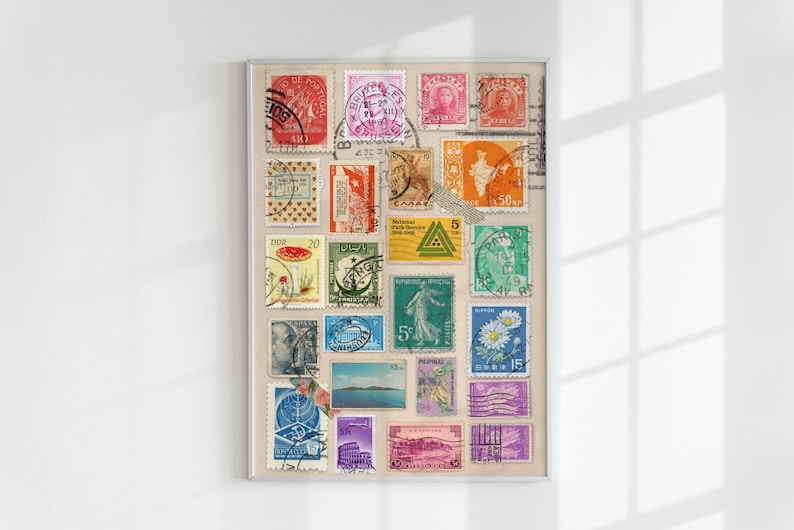 May include: A collection of colorful vintage postage stamps from around the world, featuring images of people, animals, and landscapes. The stamps are arranged in a grid pattern on a beige background.