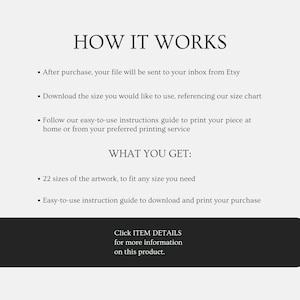 May include: A white background with black text detailing how a product works. The text includes steps for purchase, download, and printing. It also lists what the customer receives, including 22 artwork sizes and an instruction guide. A black bar at the bottom has a call to action.