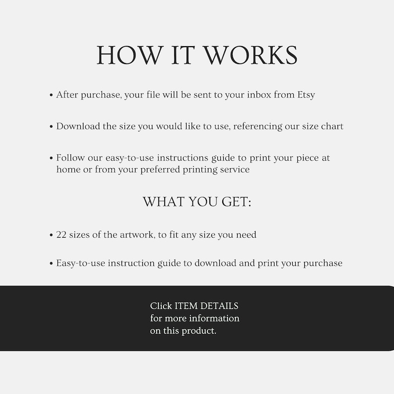 May include: A white background with black text detailing how a product works. The text includes steps for purchase, download, and printing. It also lists what the customer receives, including 22 artwork sizes and an instruction guide. A black bar at the bottom has a call to action.