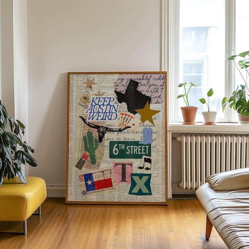 May include: A framed collage featuring a Texas theme with the words "Keep Austin Weird" and "6th Street." The artwork includes a Texas outline, a star, a longhorn skull, a cactus, playing cards, and the Texas flag. The background is a collage of newspaper clippings.