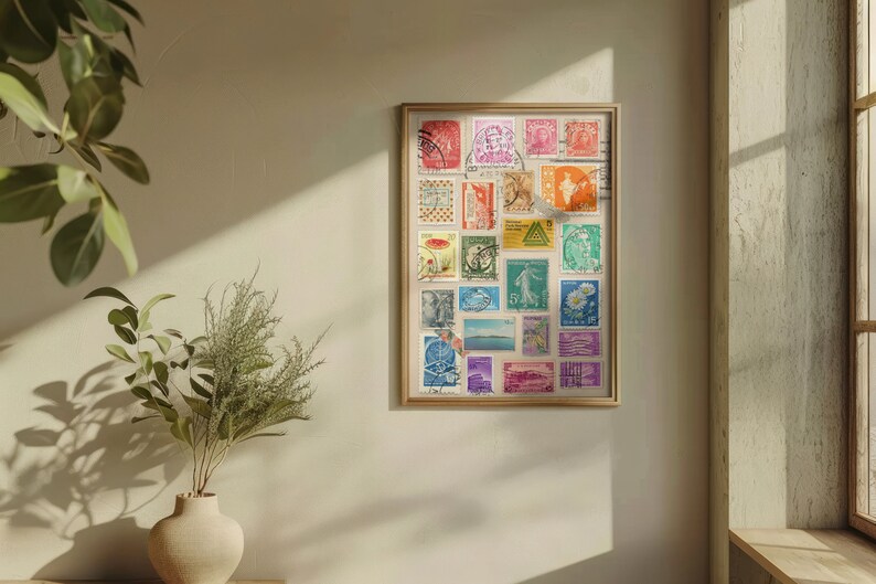 May include: A framed collage of vintage postage stamps from around the world. The stamps are arranged in a grid pattern and feature a variety of colors, designs, and subjects. The frame is made of wood and has a light brown finish.