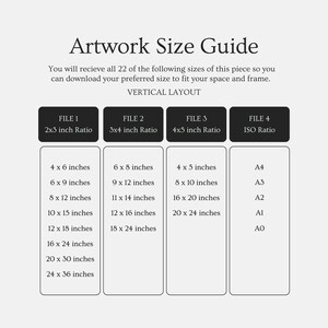 May include: Artwork size guide with a vertical layout, listing various print sizes in inches. Includes ratios like 2x3, 3x4, and 4x5, along with ISO sizes. The guide provides dimensions such as 4x6, 6x8, 8x10, 16x20, and more.