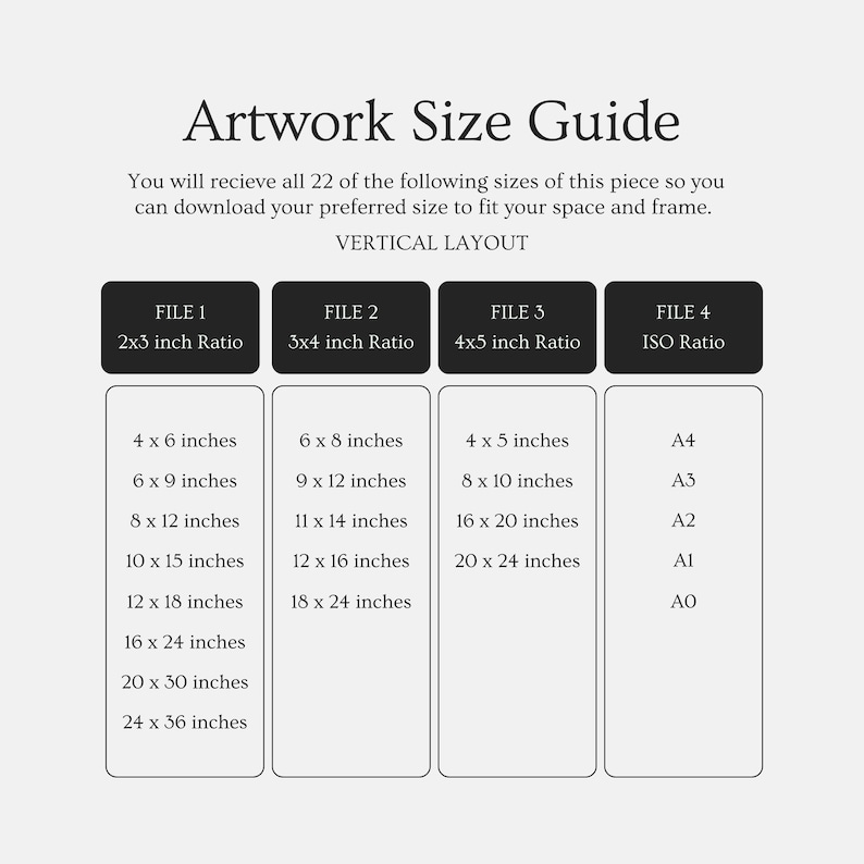 May include: Artwork size guide with a vertical layout, listing various print sizes in inches. Includes ratios like 2x3, 3x4, and 4x5, along with ISO sizes. The guide provides dimensions such as 4x6, 6x8, 8x10, 16x20, and more.