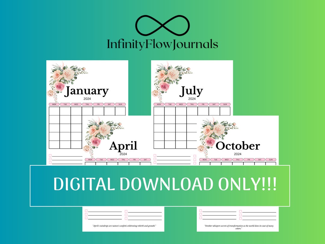 Floral Blank Printable Calendar With Monthly Quotes PDF Etsy