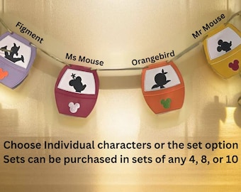 May include: A set of four colorful felt ornaments featuring Disney characters. The ornaments are shaped like a gondola and feature Figment, Ms. Mouse, Orangebird, and Mr. Mouse. The text "Choose Individual characters or the set option Sets can be purchased in sets of any 4, 8, or 10" is printed below the ornaments.