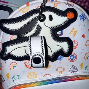 Glow-in-the-Dark Ghost Dog Mouse Ear Holder | Machine Embroidered Marine Vinyl Backpack Clip | Theme Park Ear Holder | Halloween Accessory