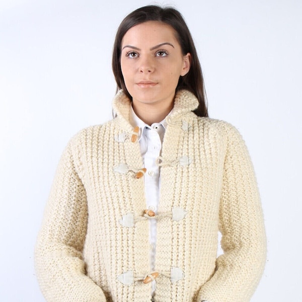 Vintage Irish Fisherman Cardigan Womens Button Up Cable Knit Ivory Chest 36