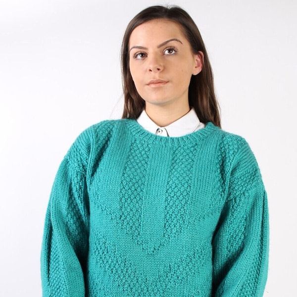 Vintage Knitted Crew Neck Jumper Sweater Woven Retro 90s Turquoise Green Chest 40