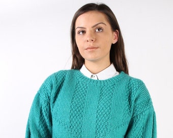 Vintage Knitted Crew Neck Jumper Sweater Woven Retro 90s Turquoise Green Chest 40