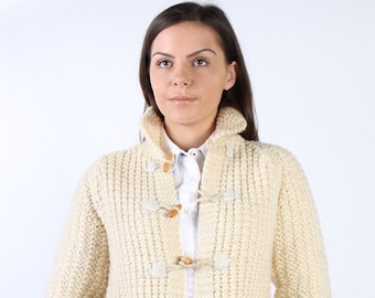 Cardigã vintage irlandês pescador feminino com botões e malha marfim peito 36