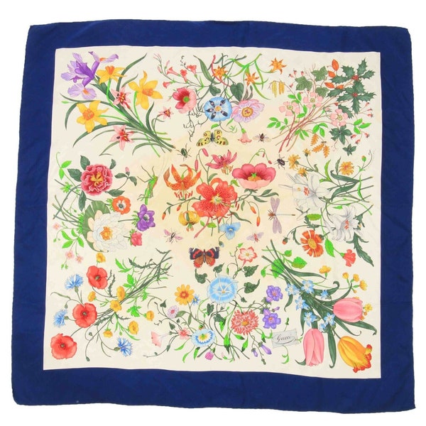 Gucci Scarf Square 34x 34 Floral Pattern Flowers V. Accornero Design Blue