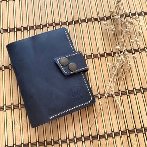 Cartera única para mujer, cartera de cuero para dinero, monedero de cuero, cartera cosida a mano, cartera de cuero azul para mujer