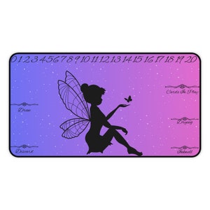May include: A rectangular playmat with a gradient background of purple and pink, featuring a black silhouette of a fairy with outstretched hand and a butterfly. The mat has numbered spaces and text labels like "Draw" and "Cards In Play".