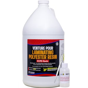 May include: A gallon jug of Venture Pour Laminating Polyester Resin with a DCPD Resin label. The label is red and black with a honeycomb pattern. The jug is next to a small bottle of MEK-P hardener and a 3ml pipette.