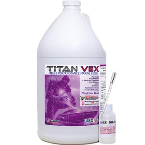 May include: A large white jug of Titan Vex high-performance marine resin with a purple label featuring a graphic of a figure and a boat. A small bottle of MEK-P and a 3ml pipette are next to the jug.
