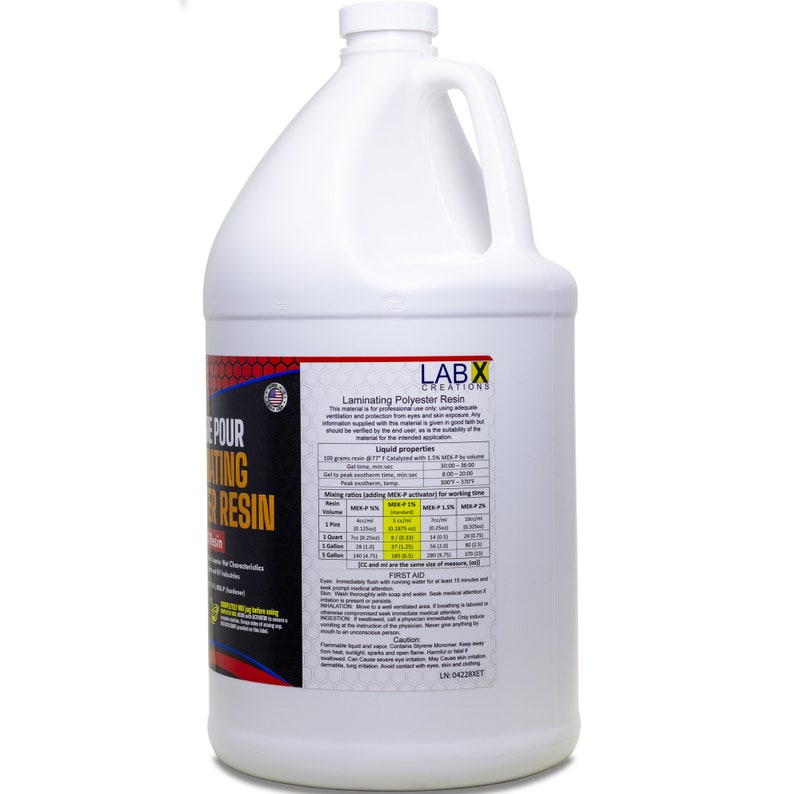 May include: A white gallon jug of laminating polyester resin with a yellow and red label. The label includes the text "EPOUR NTING RESIN" and "LABX CREATIONS". The label also includes instructions for mixing the resin with a hardener.