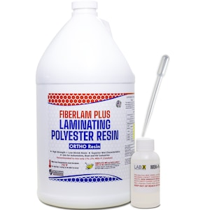 May include: A gallon jug of Fiberlam Plus Laminating Polyester Resin with a red, white, and blue label. The label says "Ortho Resin" and lists the product's features. A small bottle of MEK-P catalyst is next to the jug, with a dropper.
