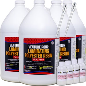 May include: Four white gallon jugs of Venture Pour Laminating Polyester Resin with DCPD Resin. The jugs have red and yellow labels with the product name and instructions. There are also four small bottles of MEK-P hardener and two clear plastic droppers.