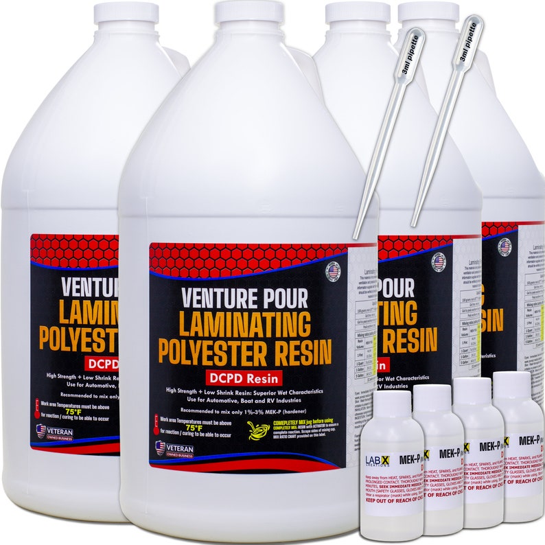 May include: Four white gallon jugs of Venture Pour Laminating Polyester Resin with DCPD Resin. The jugs have red and yellow labels with the product name and instructions. There are also four small bottles of MEK-P hardener and two clear plastic droppers.