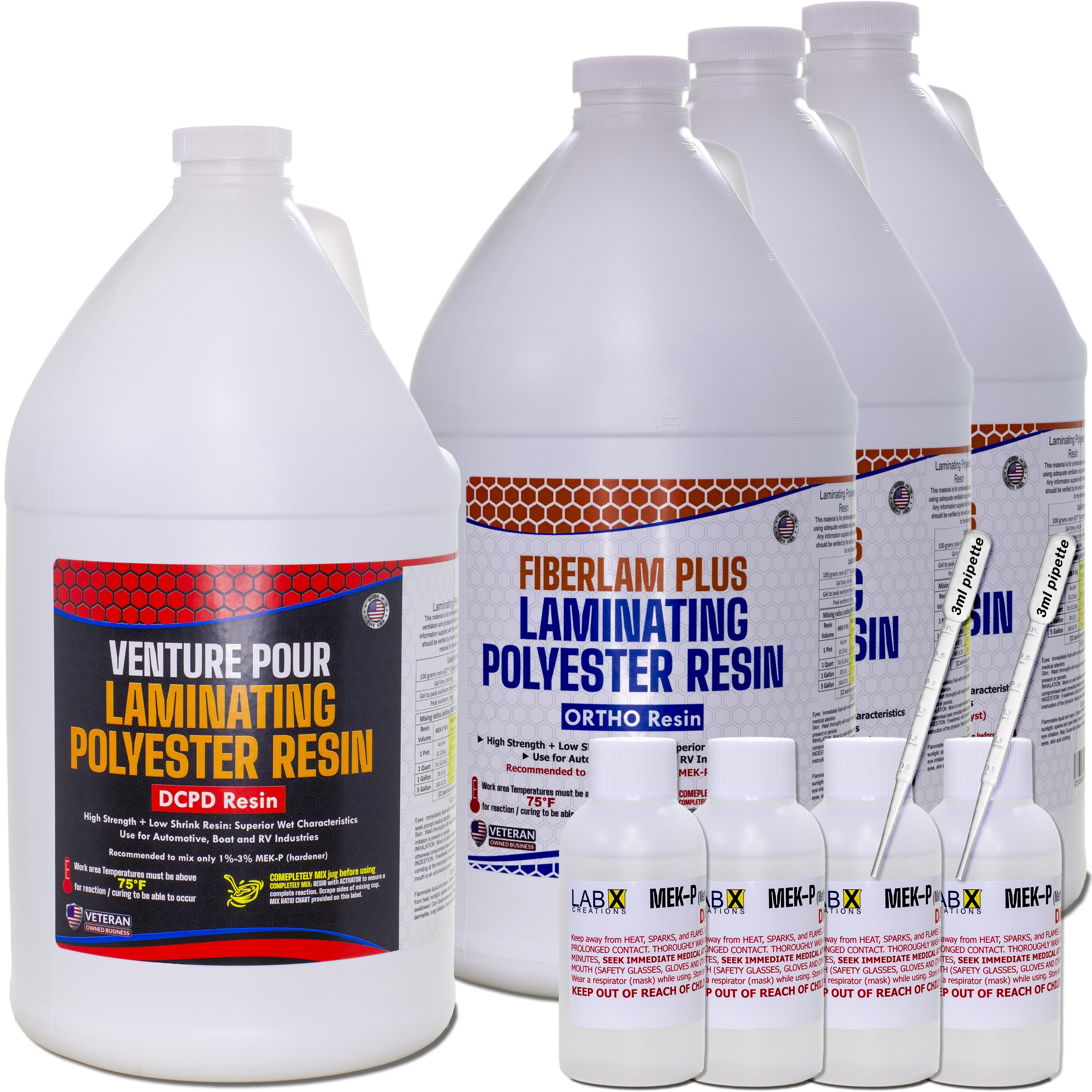Venture-Pour 1gal & FiberLam 3Gal (4 Gallons) Poly Resin +MEKP Hardener; Laminating Fiberglass mat/Biaxle/Cloth;Boat/RV | with finish resin